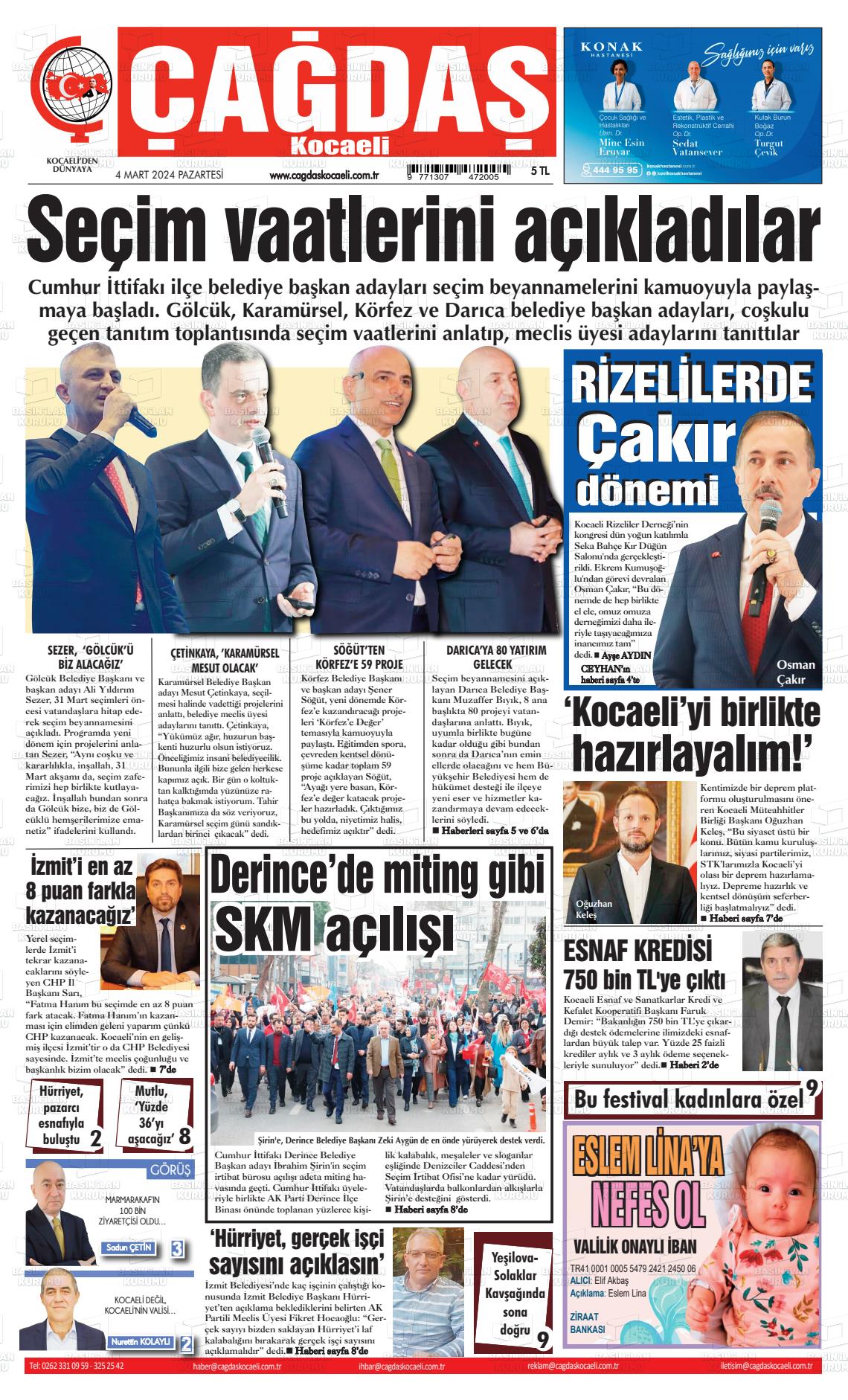 04 Mart 2024 Çağdaş Kocaeli Gazete Manşeti