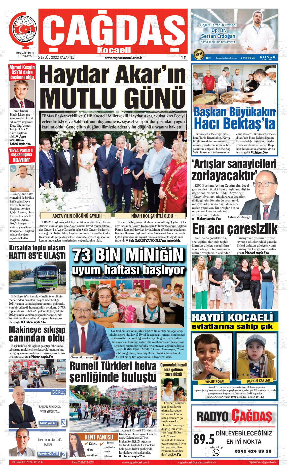 05 Eylül 2022 Çağdaş Kocaeli Gazete Manşeti