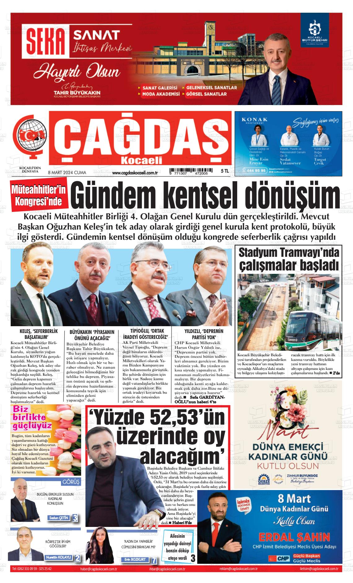 08 Mart 2024 Çağdaş Kocaeli Gazete Manşeti