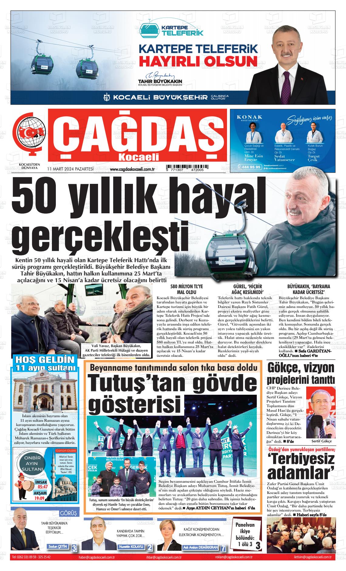 11 Mart 2024 Çağdaş Kocaeli Gazete Manşeti