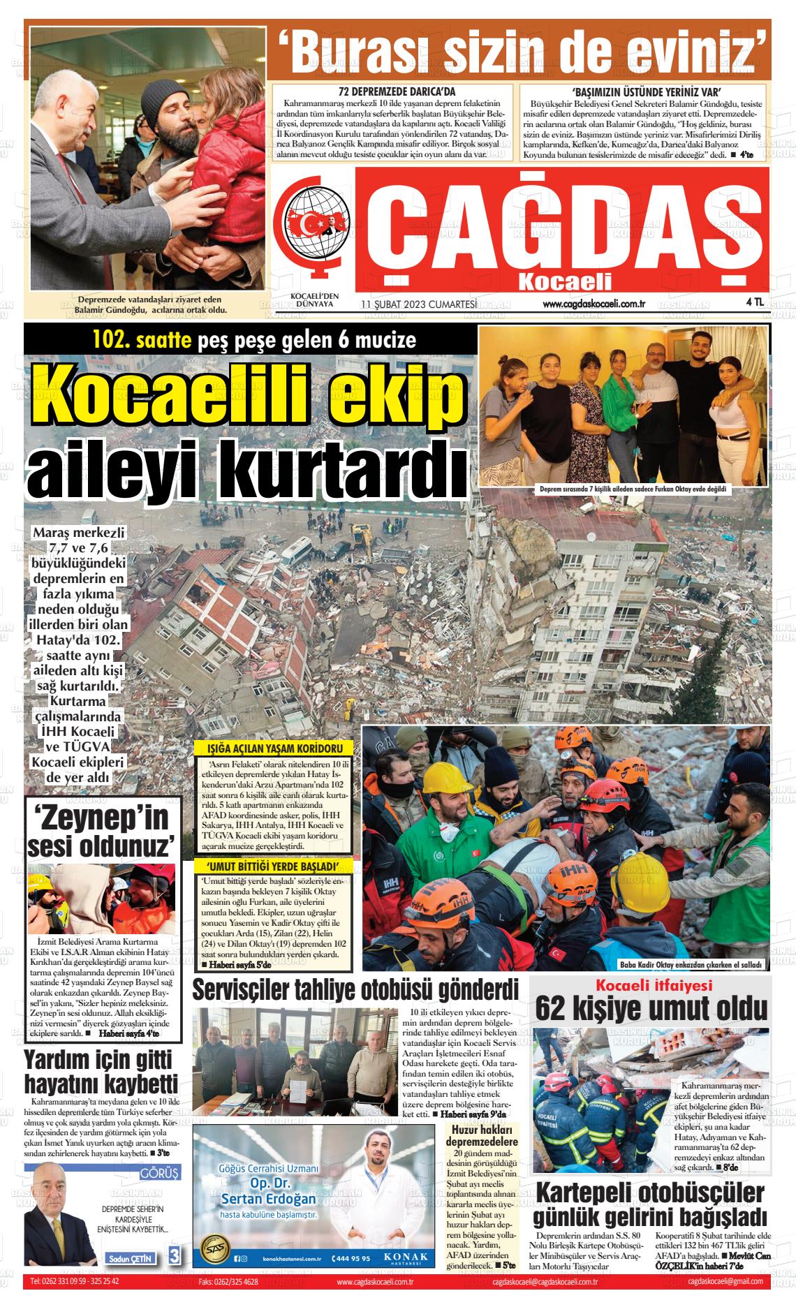 11 Şubat 2023 Çağdaş Kocaeli Gazete Manşeti