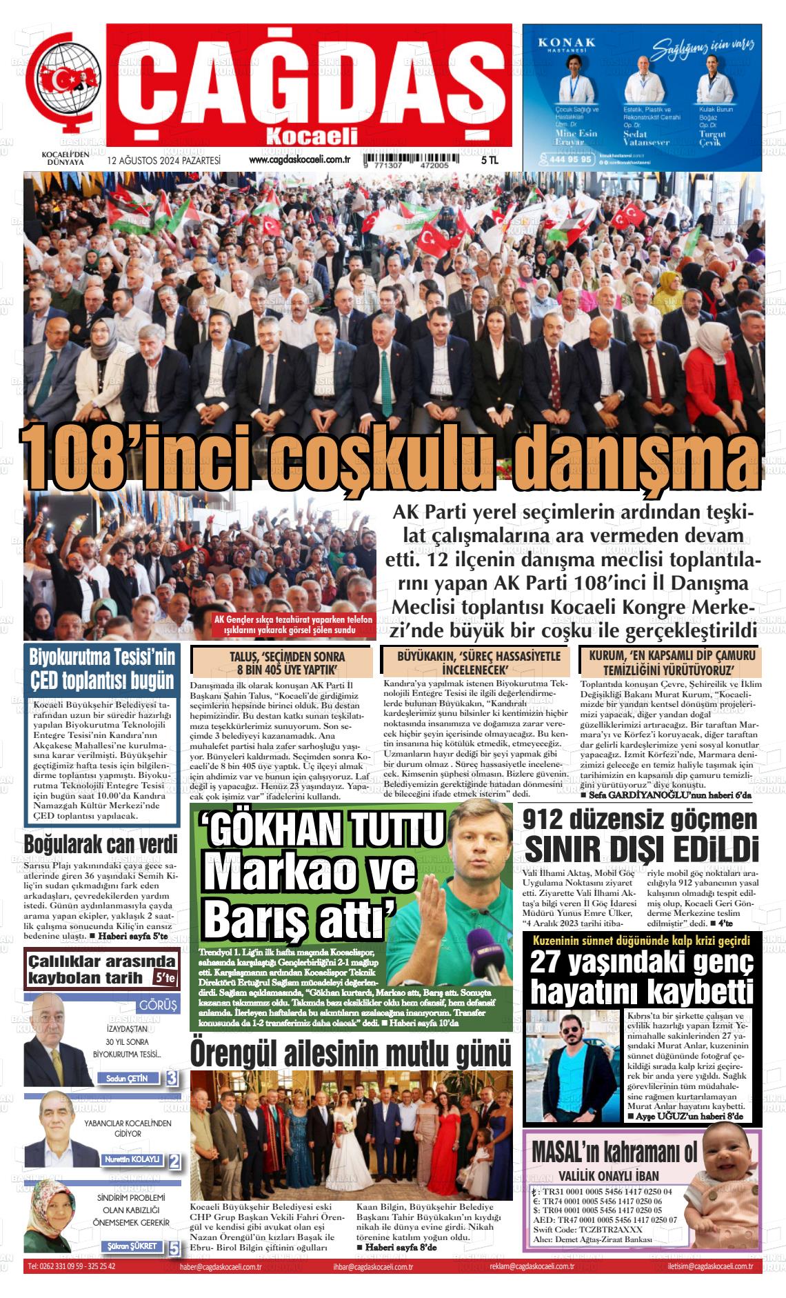 12 Ağustos 2024 Çağdaş Kocaeli Gazete Manşeti