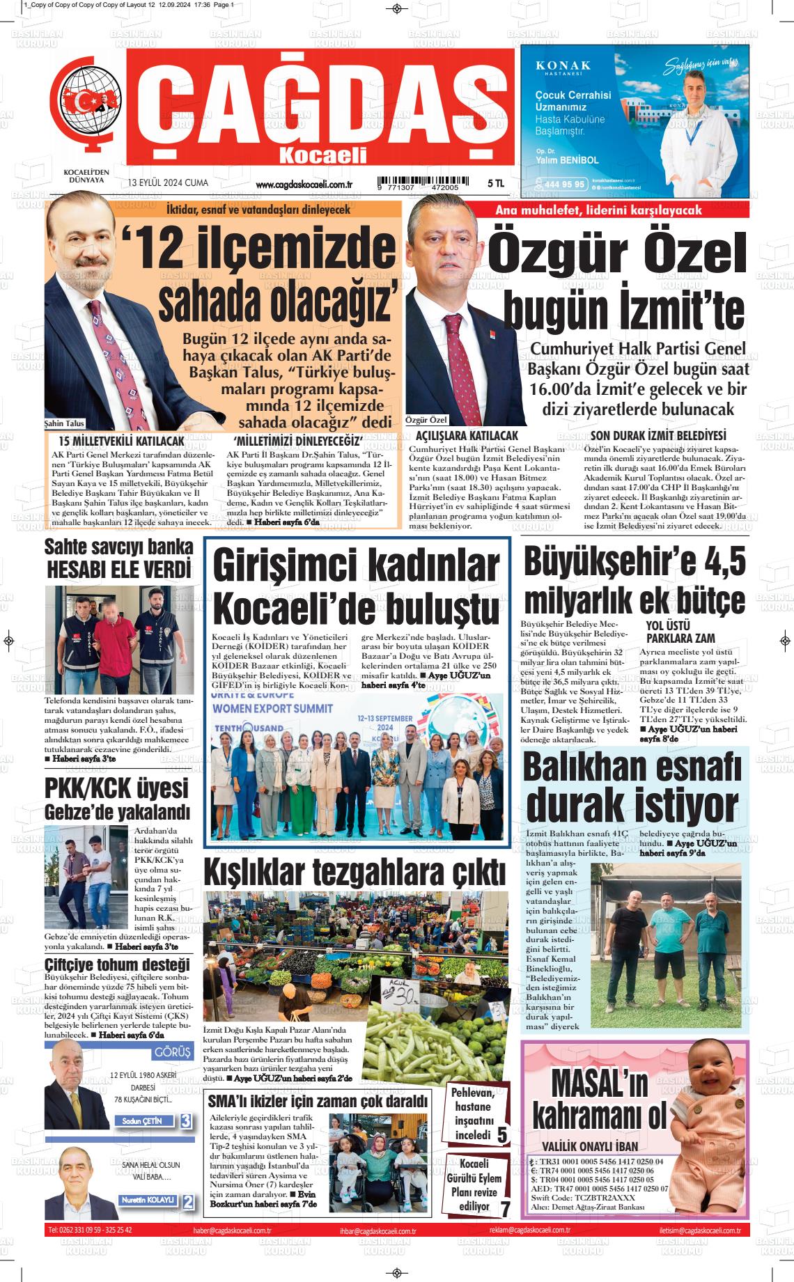 13 Eylül 2024 Çağdaş Kocaeli Gazete Manşeti