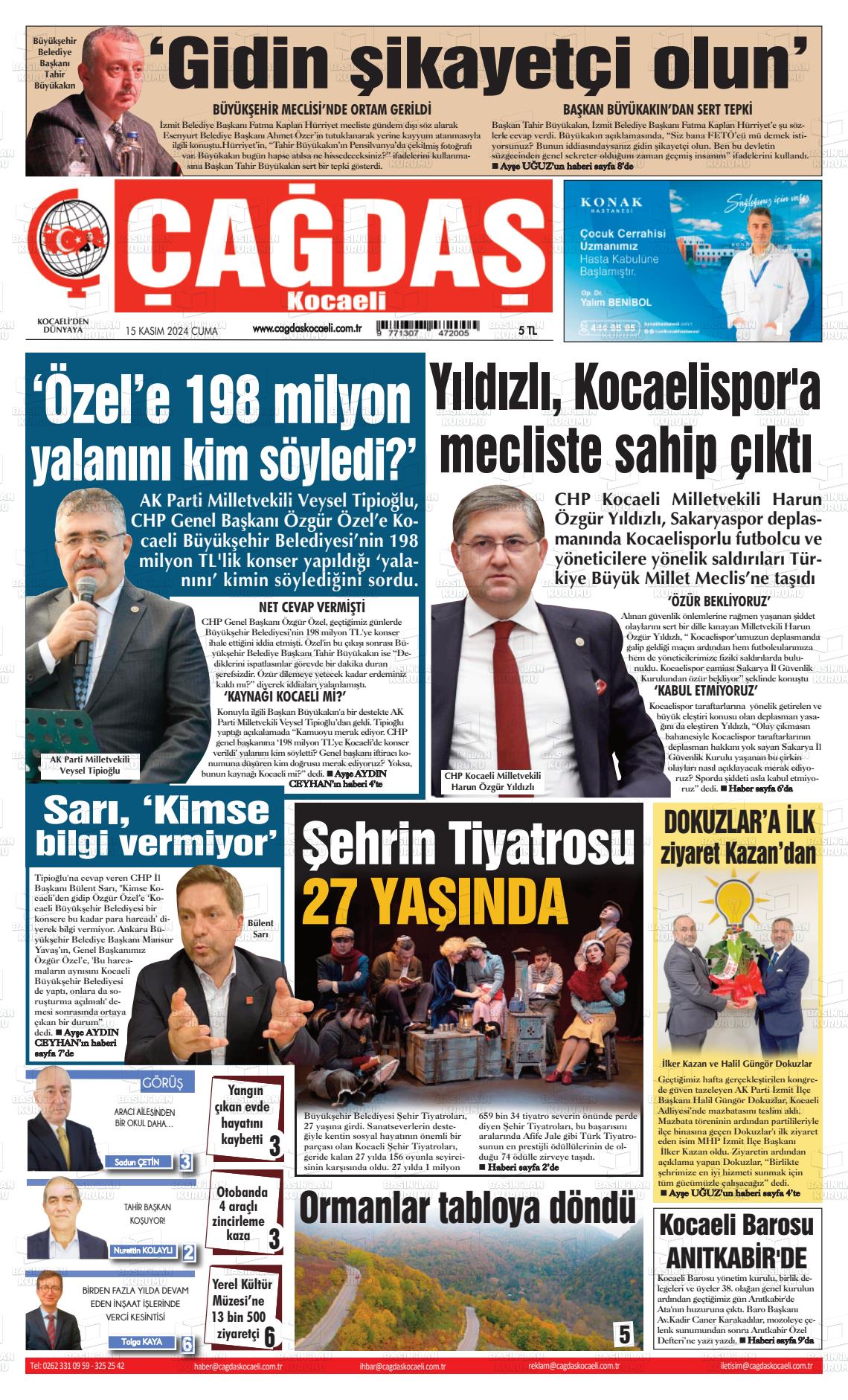 15 Kasım 2024 Çağdaş Kocaeli Gazete Manşeti