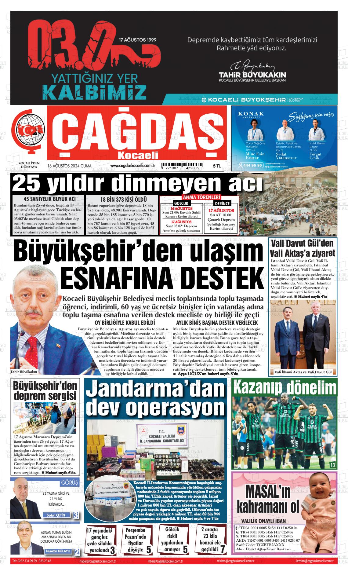 16 Ağustos 2024 Çağdaş Kocaeli Gazete Manşeti