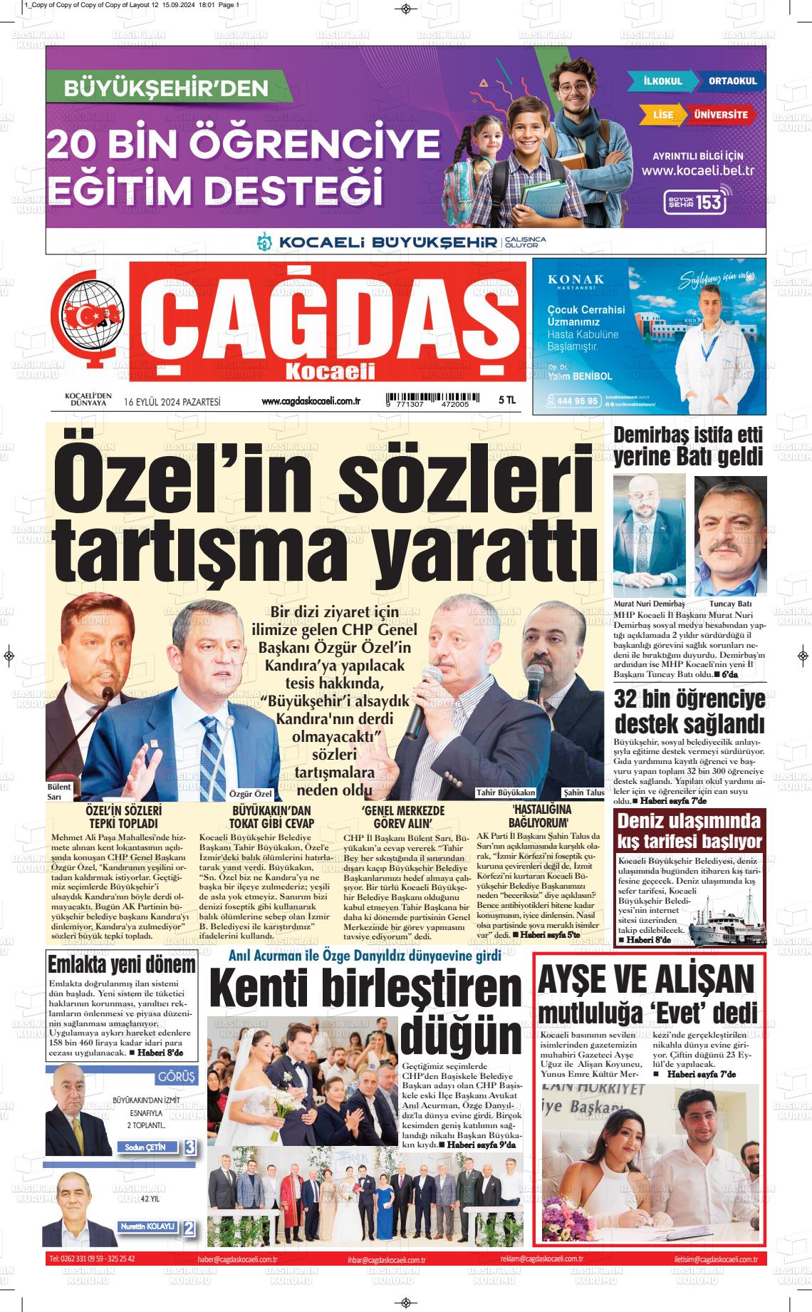 16 Eylül 2024 Çağdaş Kocaeli Gazete Manşeti