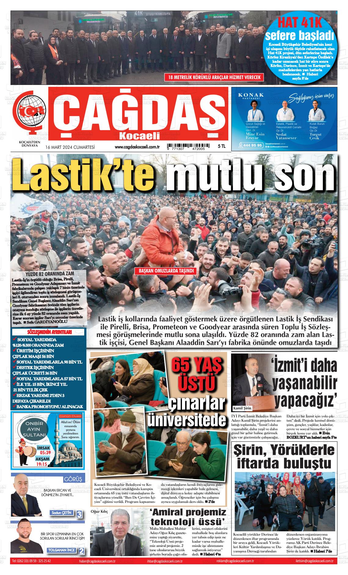 16 Mart 2024 Çağdaş Kocaeli Gazete Manşeti