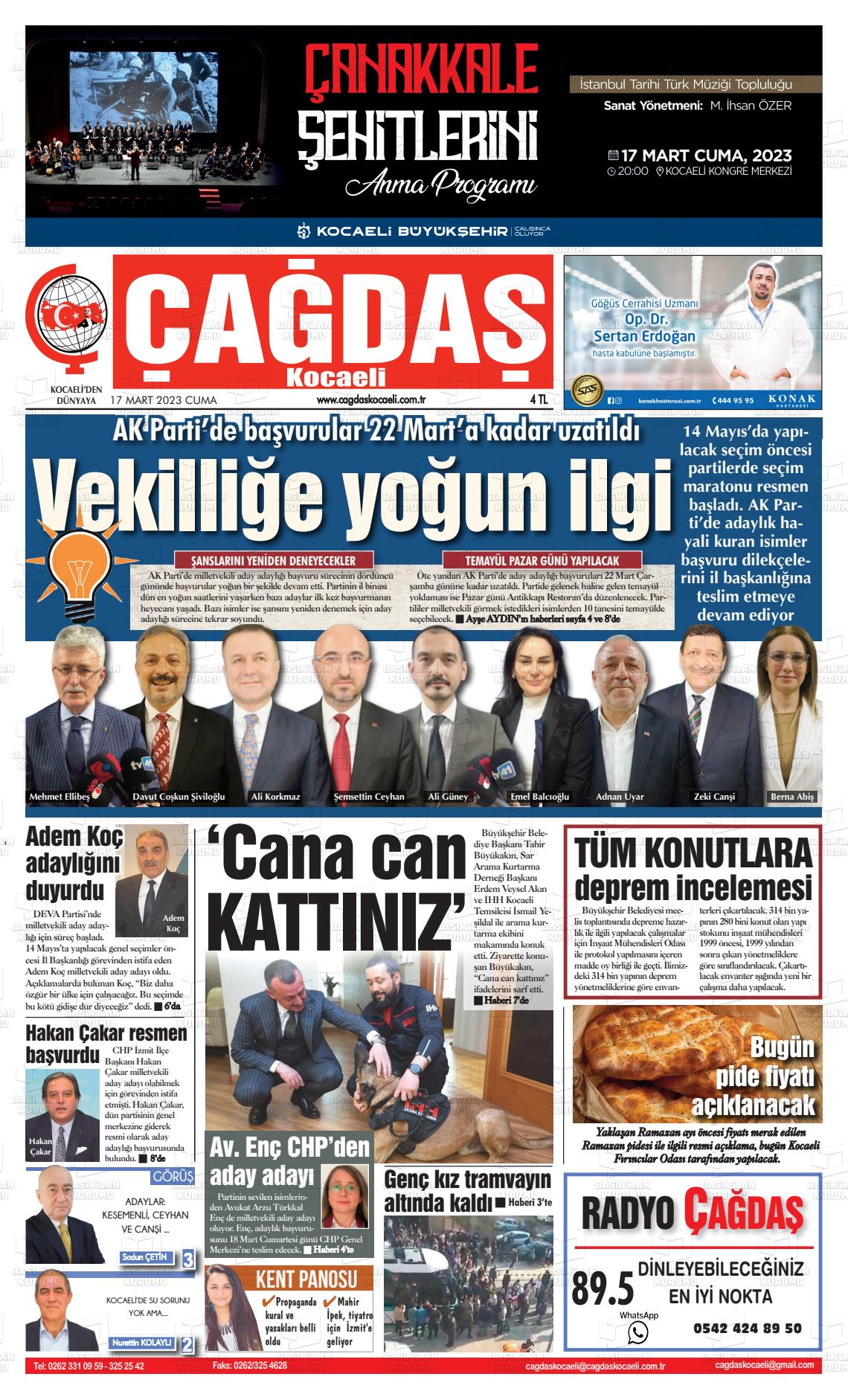 15 Mayıs 2023 Çağdaş Kocaeli Gazete Manşeti