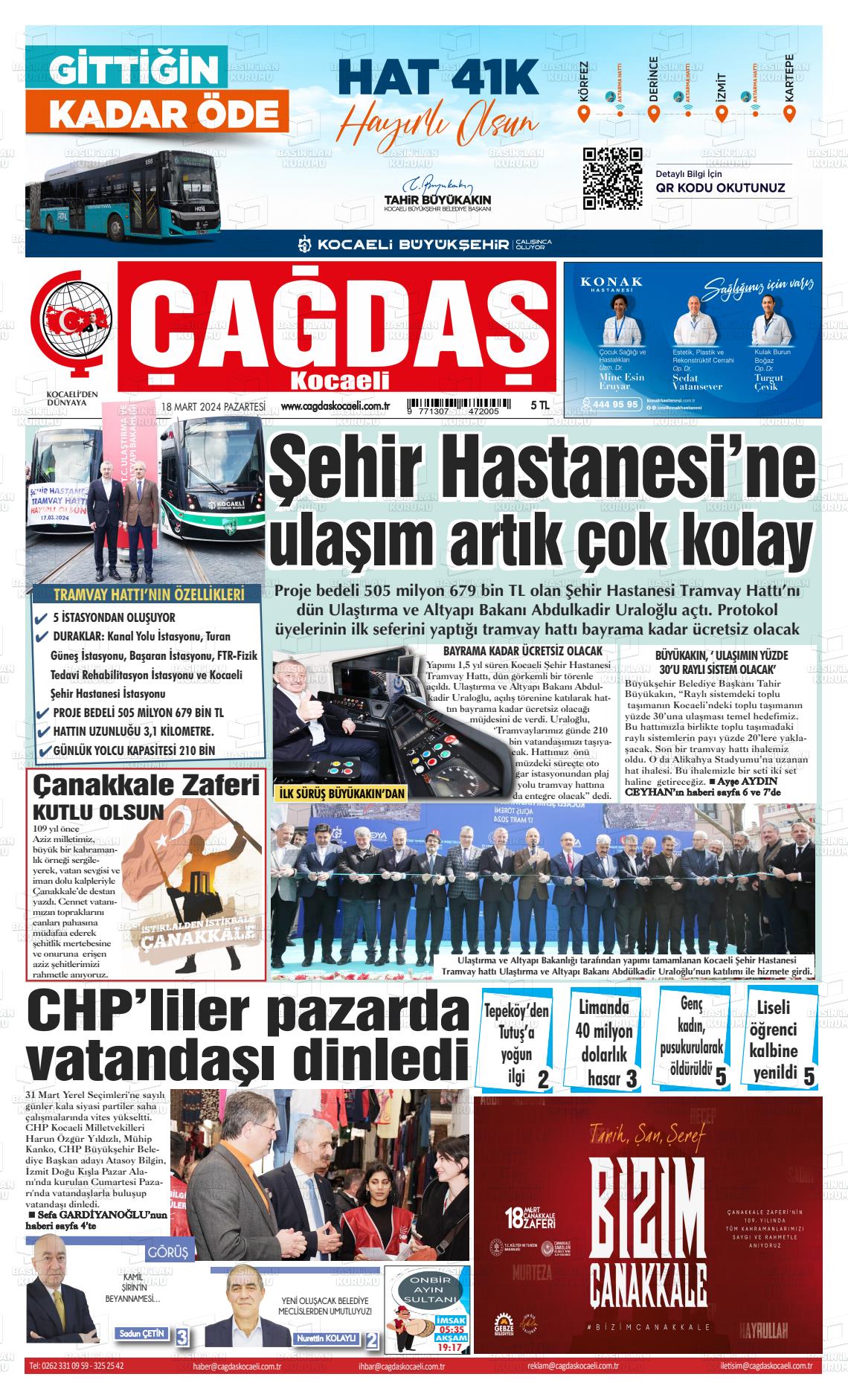 18 Mart 2024 Çağdaş Kocaeli Gazete Manşeti