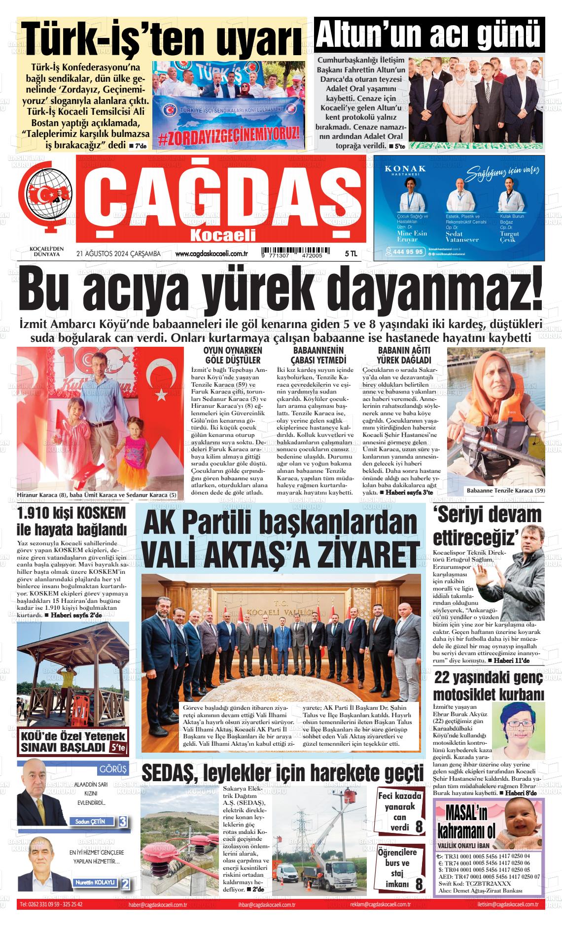 21 Ağustos 2024 Çağdaş Kocaeli Gazete Manşeti