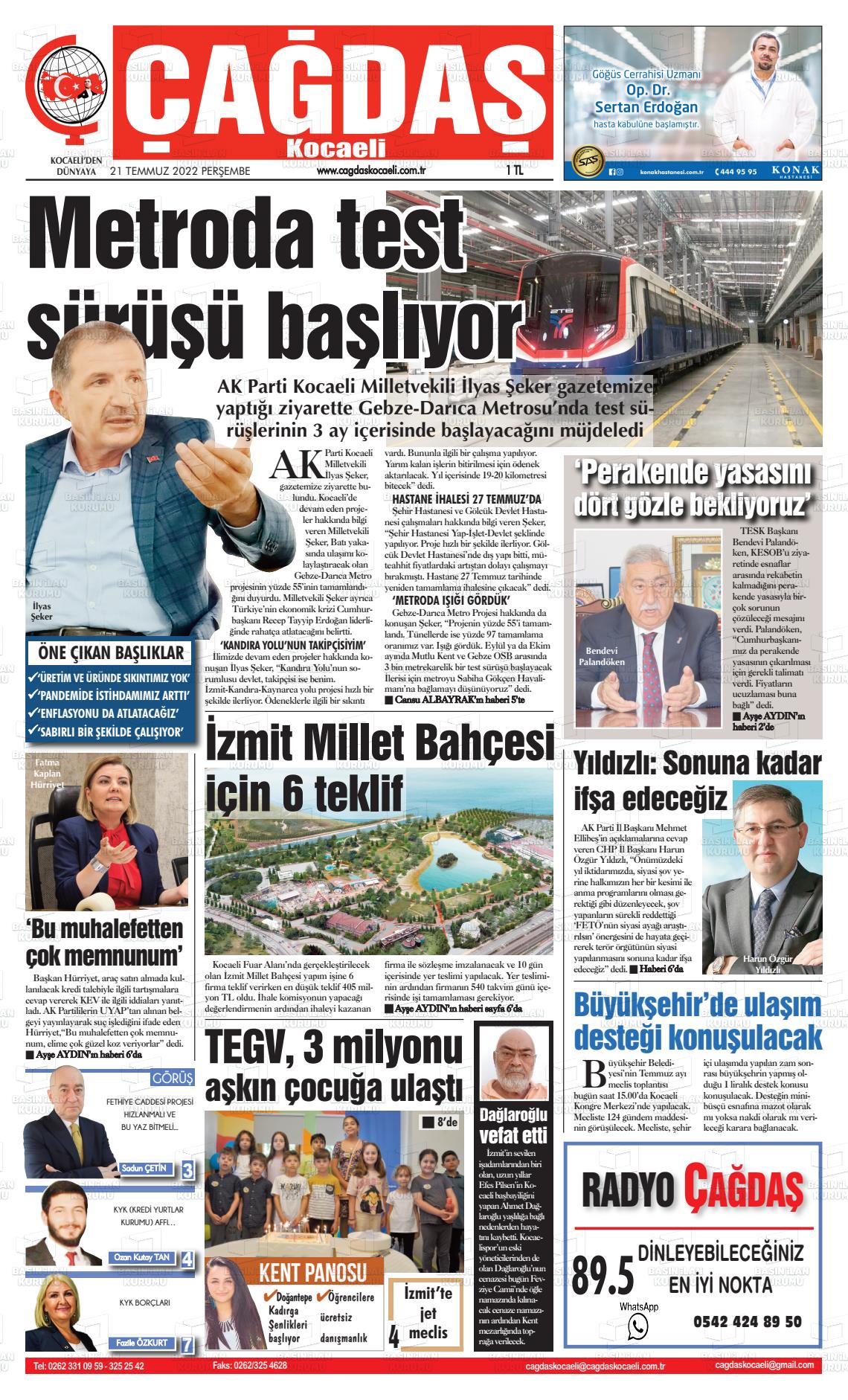 21 Temmuz 2022 Çağdaş Kocaeli Gazete Manşeti