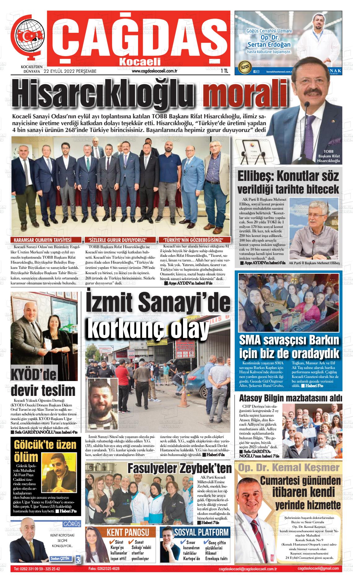 22 Eylül 2022 Çağdaş Kocaeli Gazete Manşeti