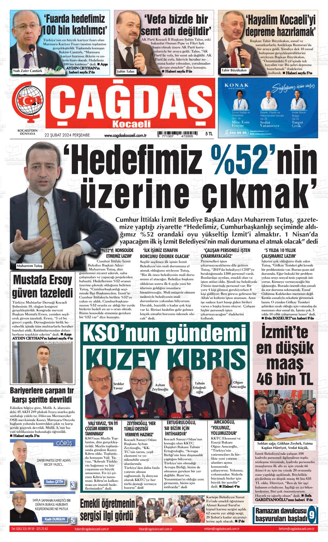 22 Şubat 2024 Çağdaş Kocaeli Gazete Manşeti