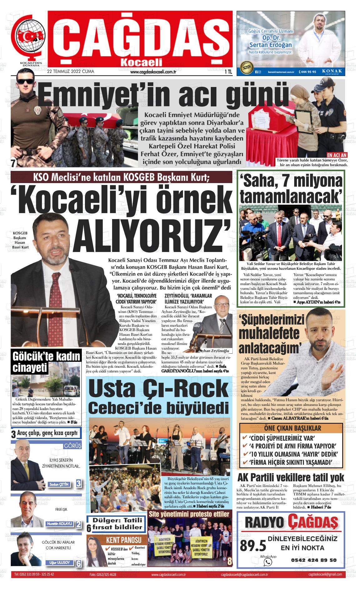 22 Temmuz 2022 Çağdaş Kocaeli Gazete Manşeti