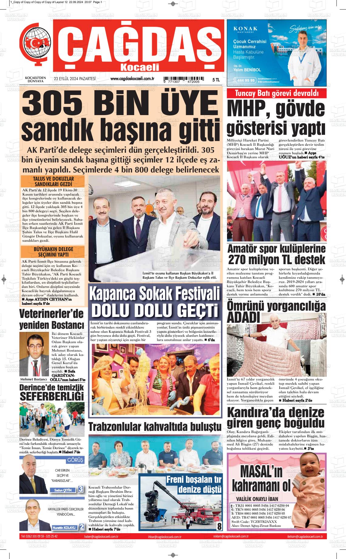 23 Eylül 2024 Çağdaş Kocaeli Gazete Manşeti