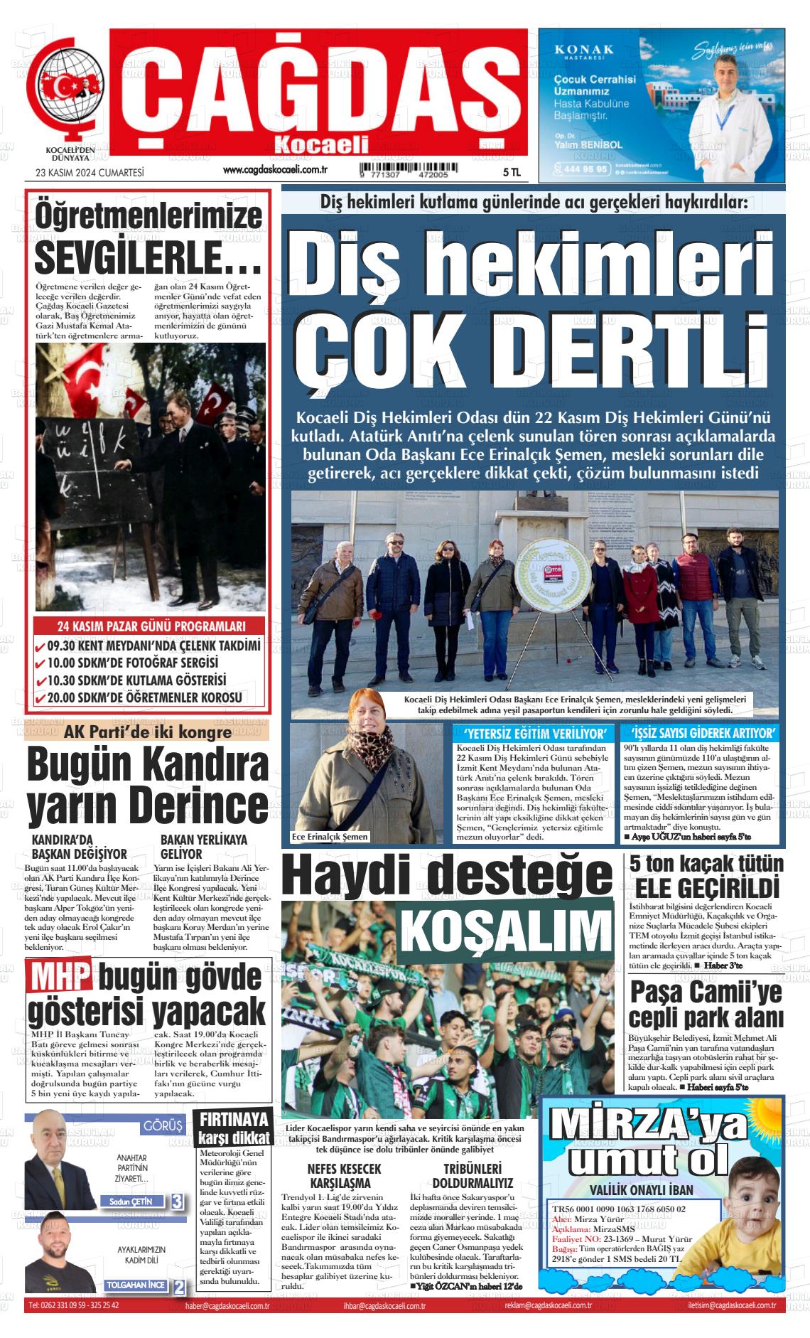 23 Kasım 2024 Çağdaş Kocaeli Gazete Manşeti