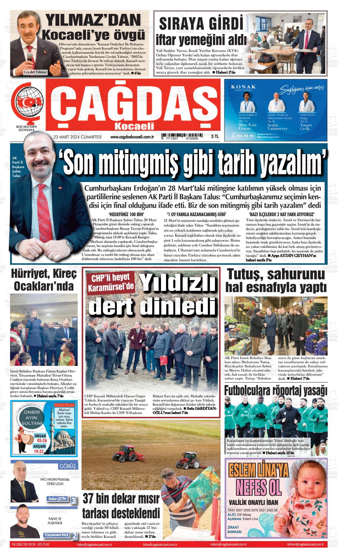 23 Mart 2024 Çağdaş Kocaeli Gazete Manşeti