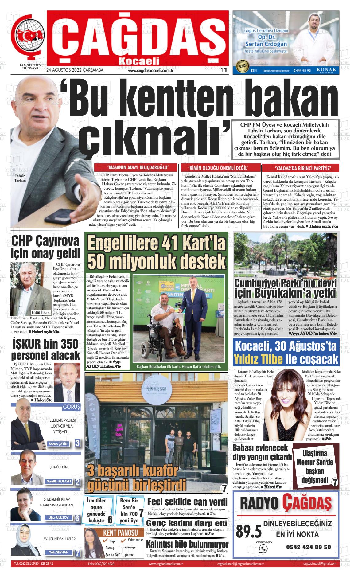 24 Ağustos 2022 Çağdaş Kocaeli Gazete Manşeti