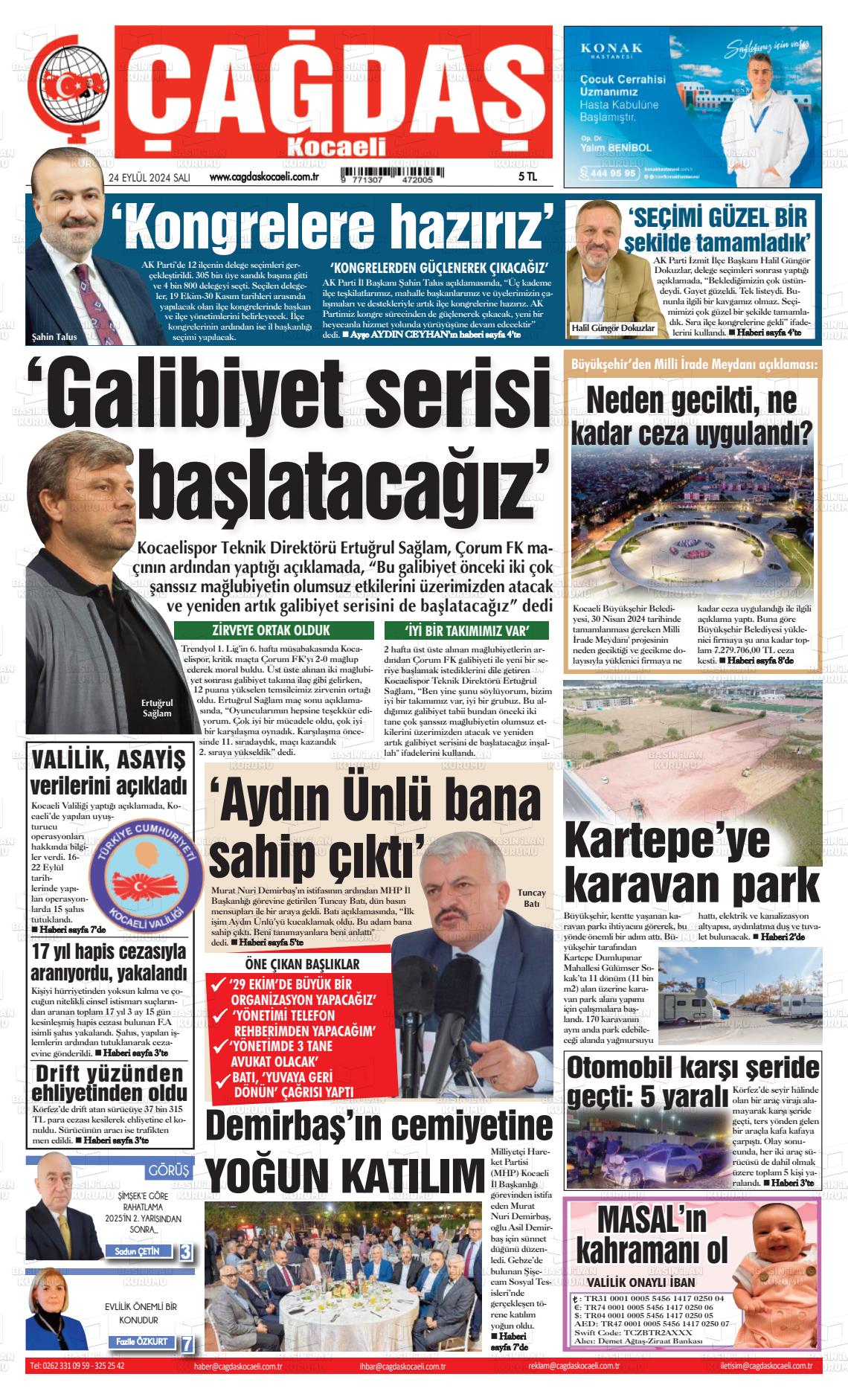 24 Eylül 2024 Çağdaş Kocaeli Gazete Manşeti