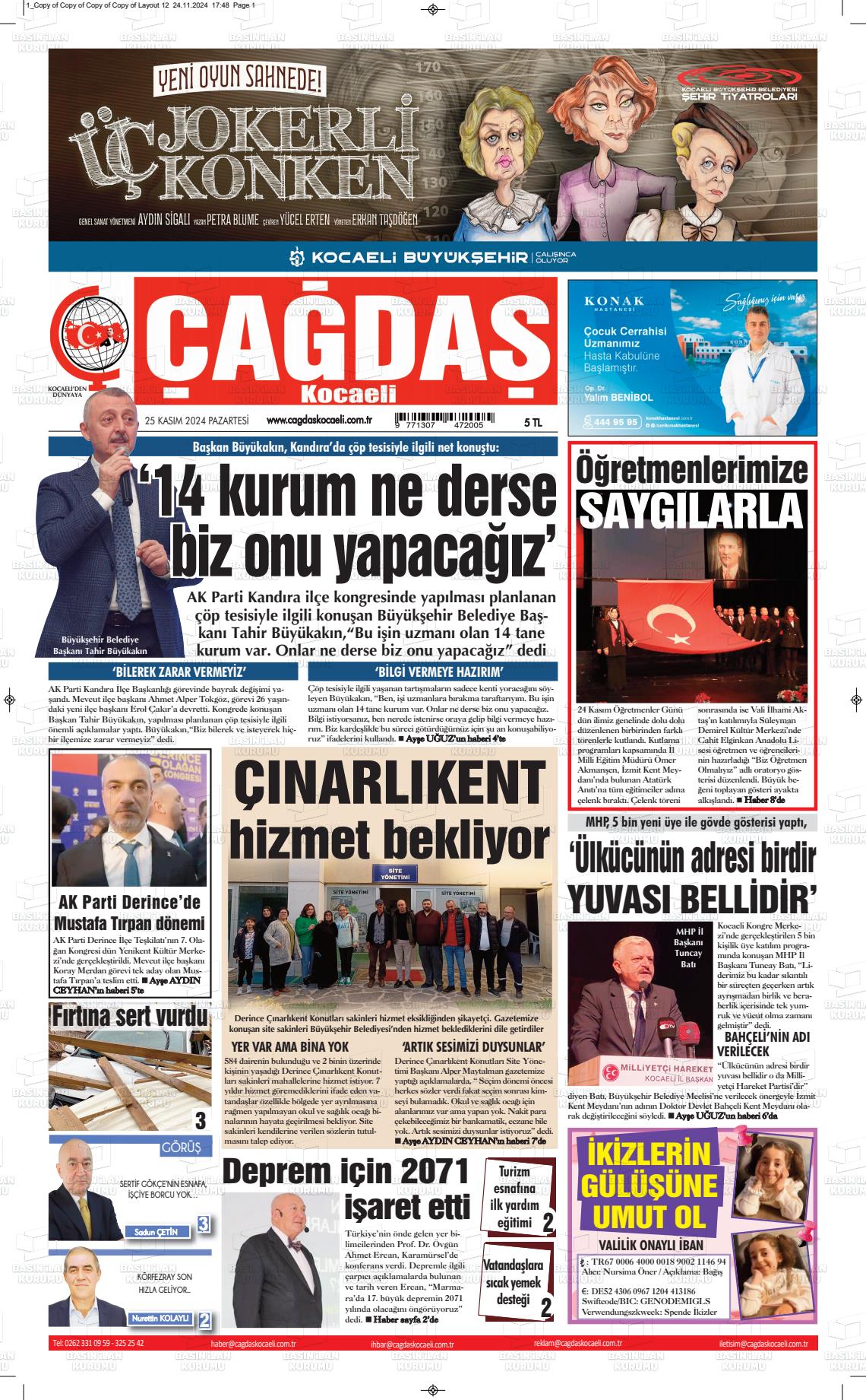 25 Kasım 2024 Çağdaş Kocaeli Gazete Manşeti