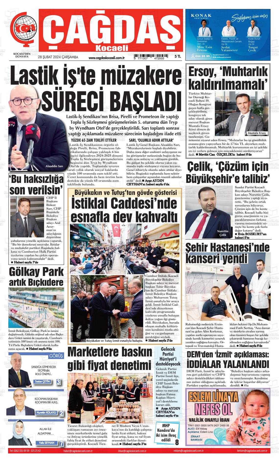 28 Şubat 2024 Çağdaş Kocaeli Gazete Manşeti