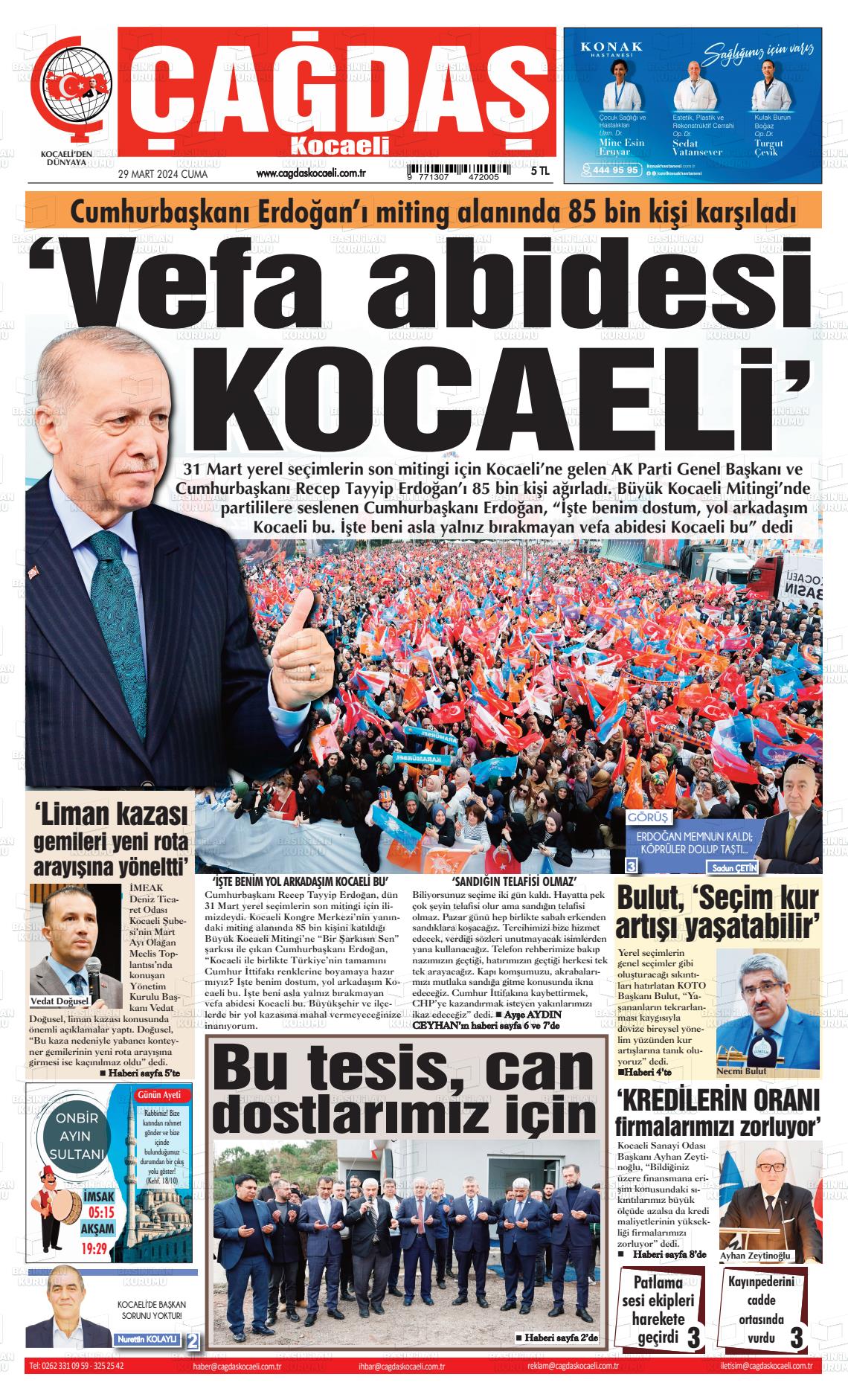 29 Mart 2024 Çağdaş Kocaeli Gazete Manşeti