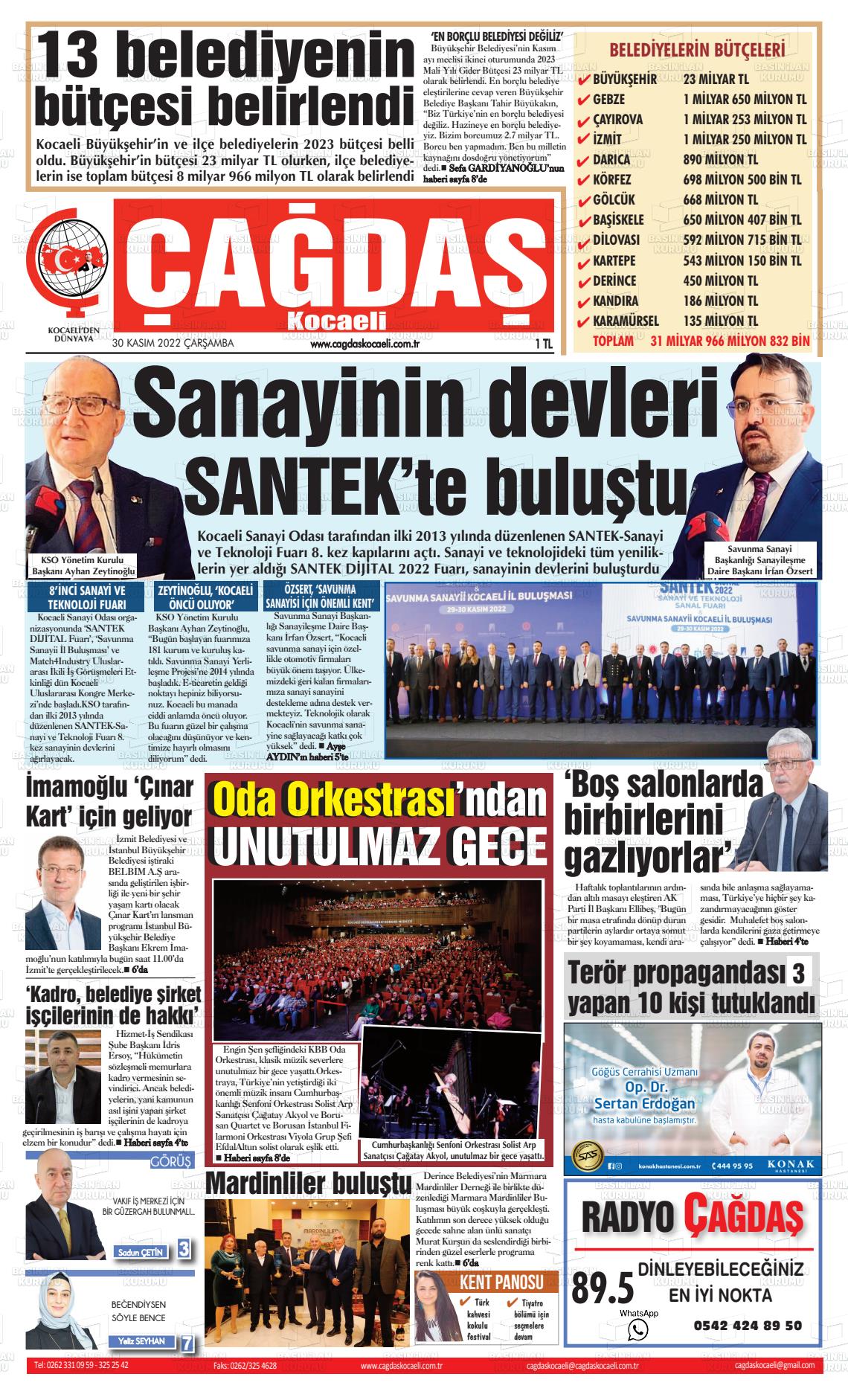 30 Kasım 2022 Çağdaş Kocaeli Gazete Manşeti