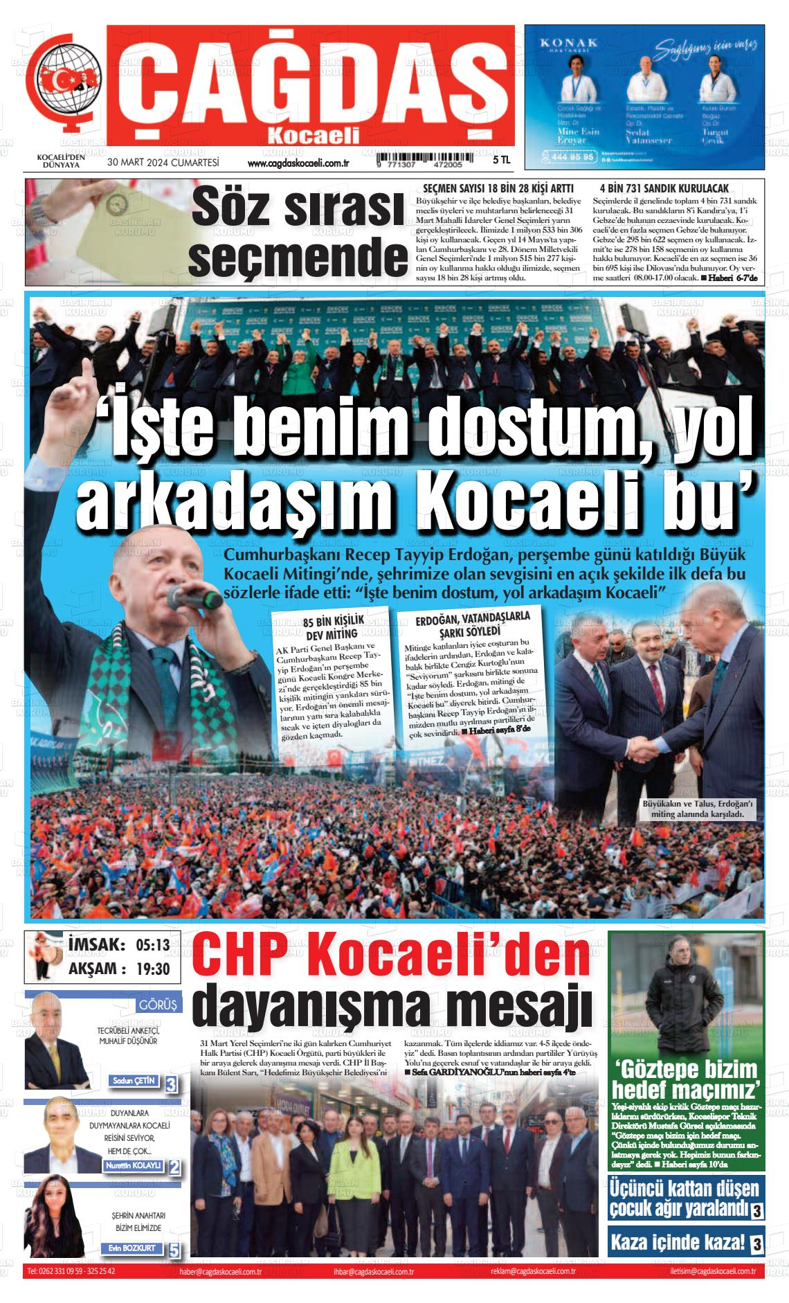 30 Mart 2024 Çağdaş Kocaeli Gazete Manşeti