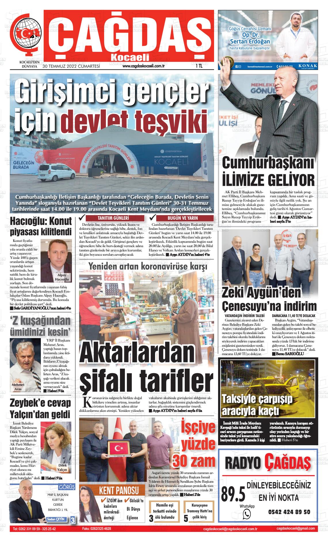 30 Temmuz 2022 Çağdaş Kocaeli Gazete Manşeti