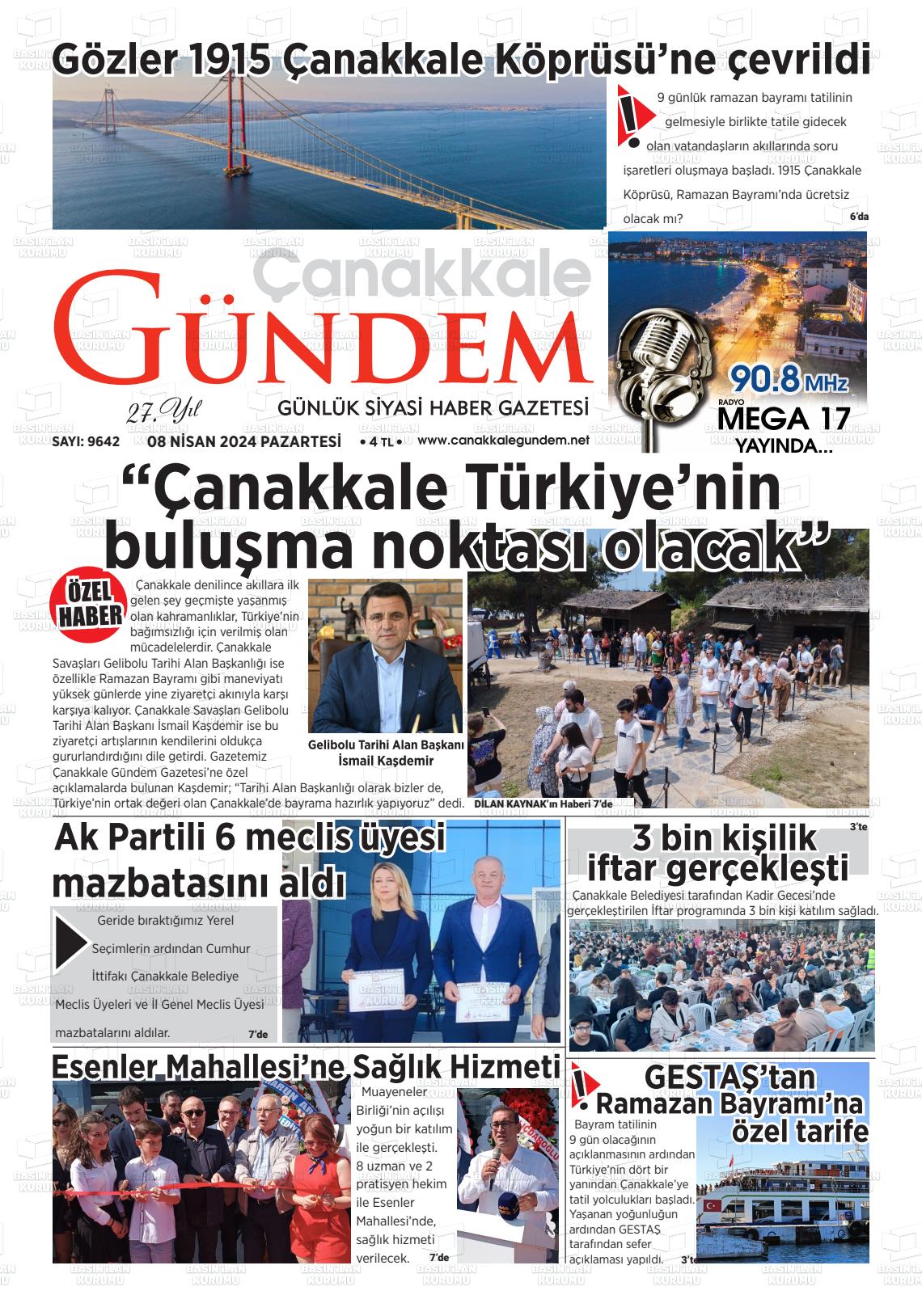 08 Nisan 2024 Çanakkale Gündem Gazete Manşeti