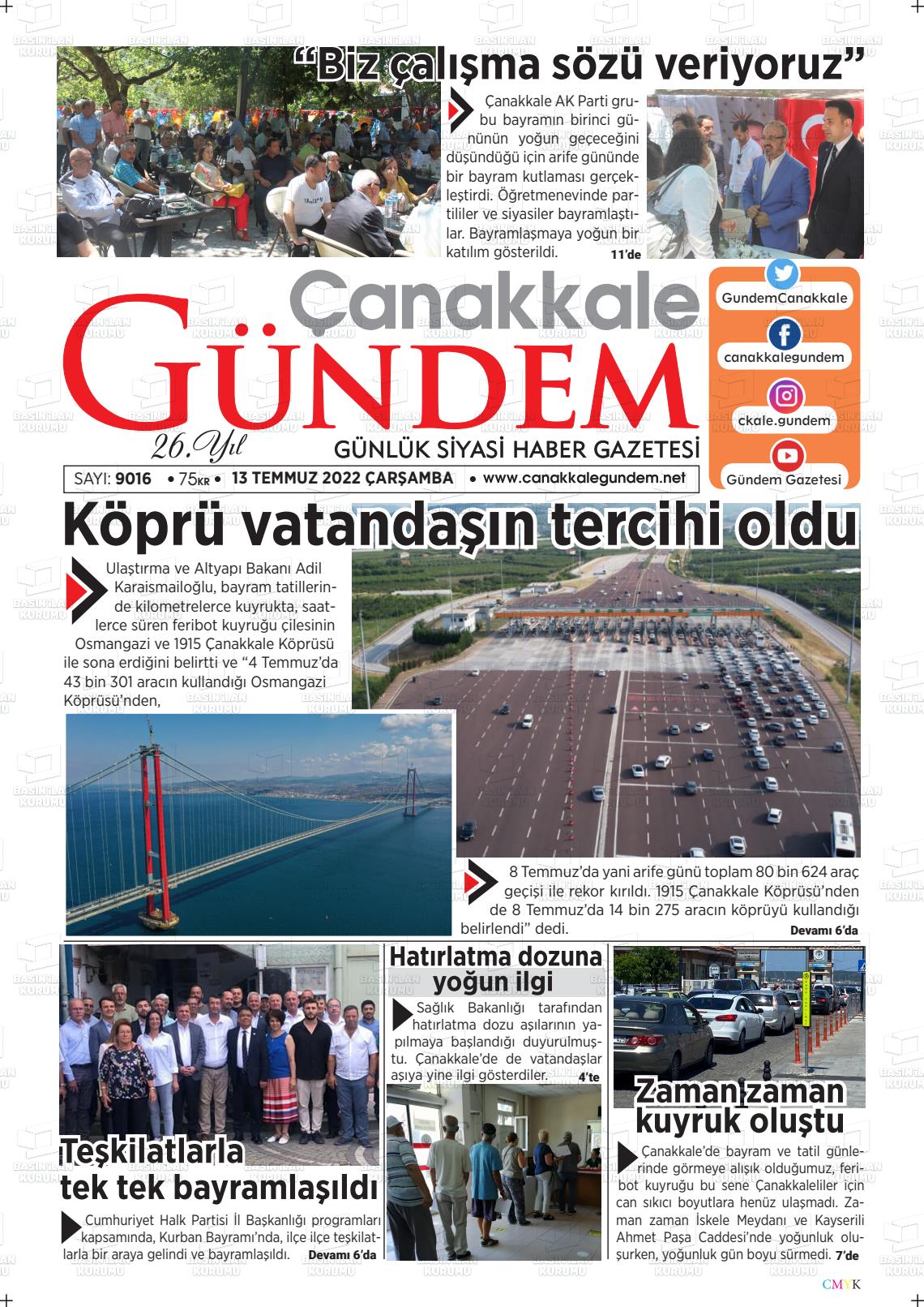 13 Temmuz 2022 Çanakkale Gündem Gazete Manşeti