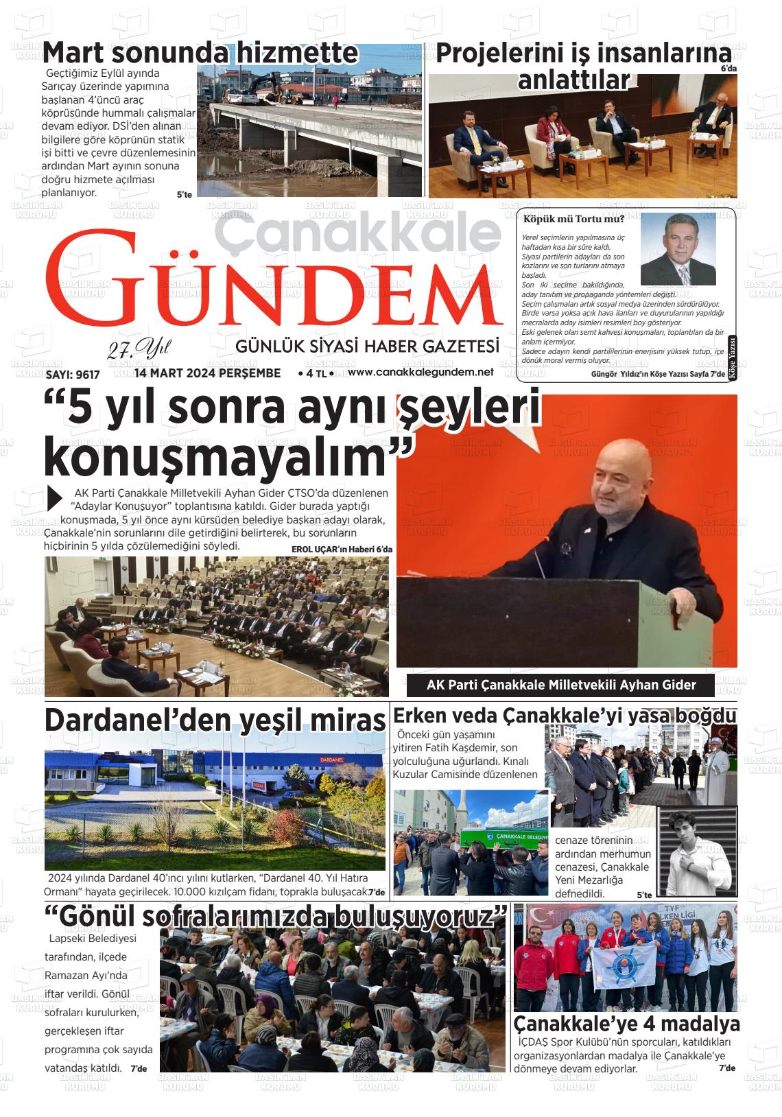 14 Mart 2024 Çanakkale Gündem Gazete Manşeti