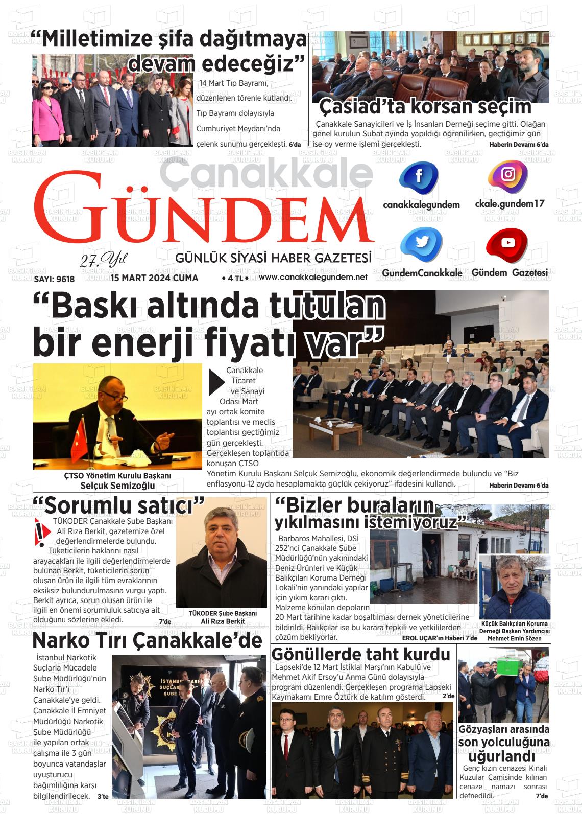 15 Mart 2024 Çanakkale Gündem Gazete Manşeti