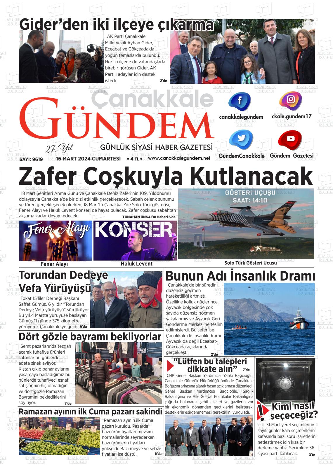 16 Mart 2024 Çanakkale Gündem Gazete Manşeti