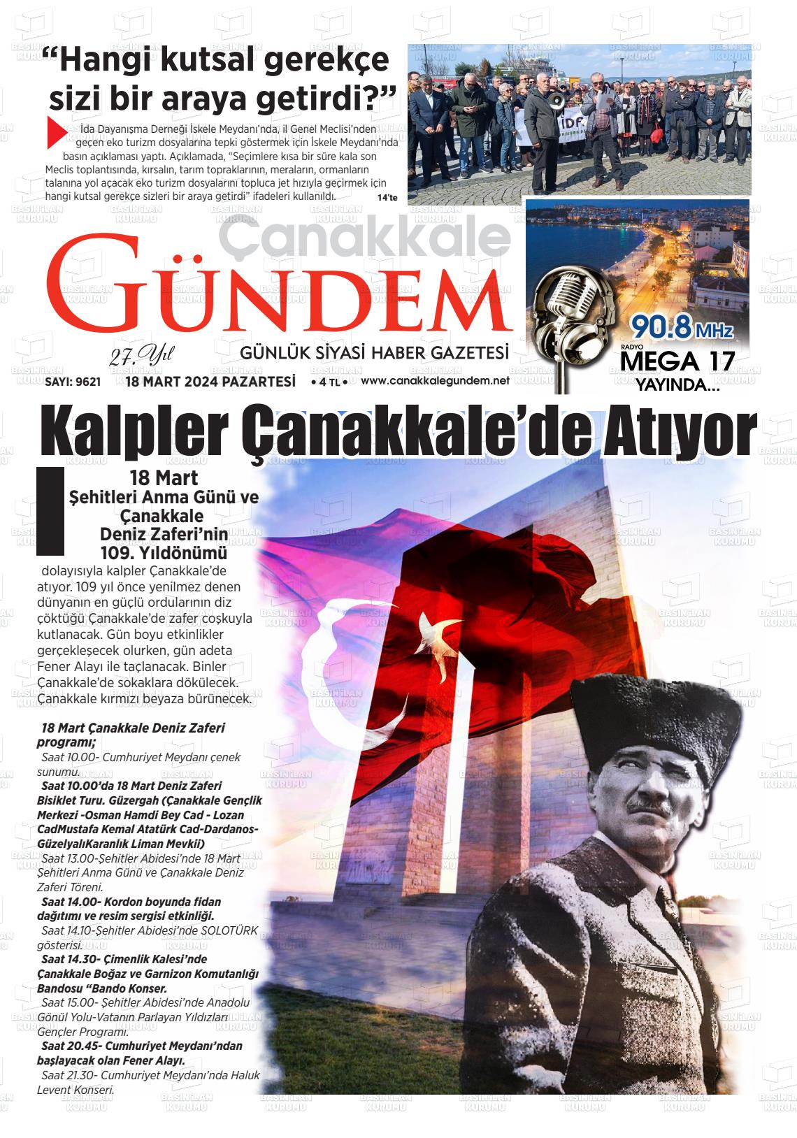 18 Mart 2024 Çanakkale Gündem Gazete Manşeti