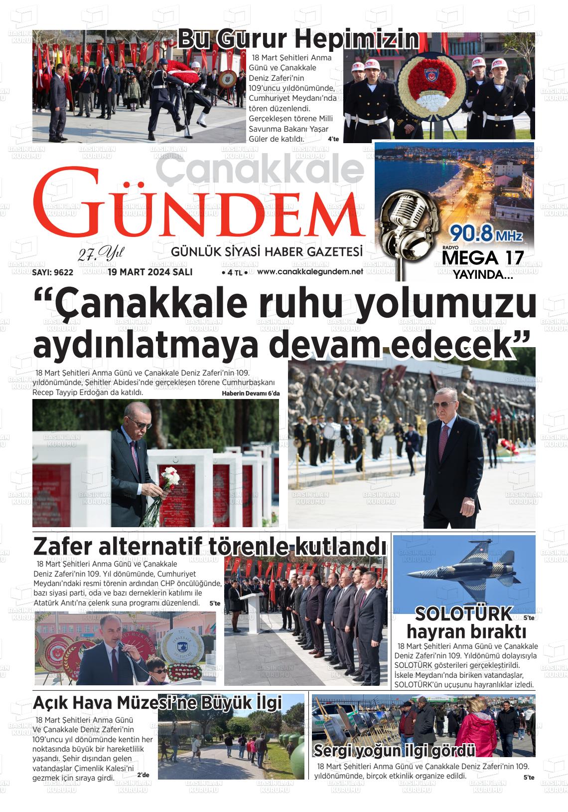 19 Mart 2024 Çanakkale Gündem Gazete Manşeti