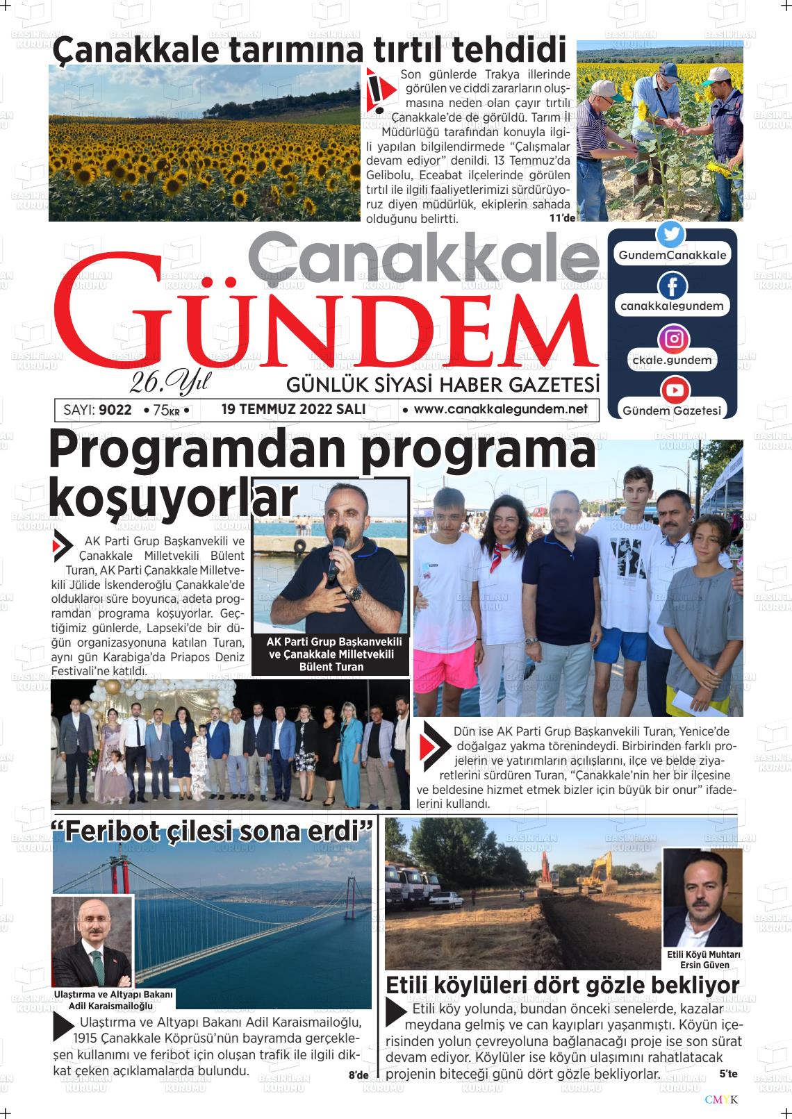 19 Temmuz 2022 Çanakkale Gündem Gazete Manşeti