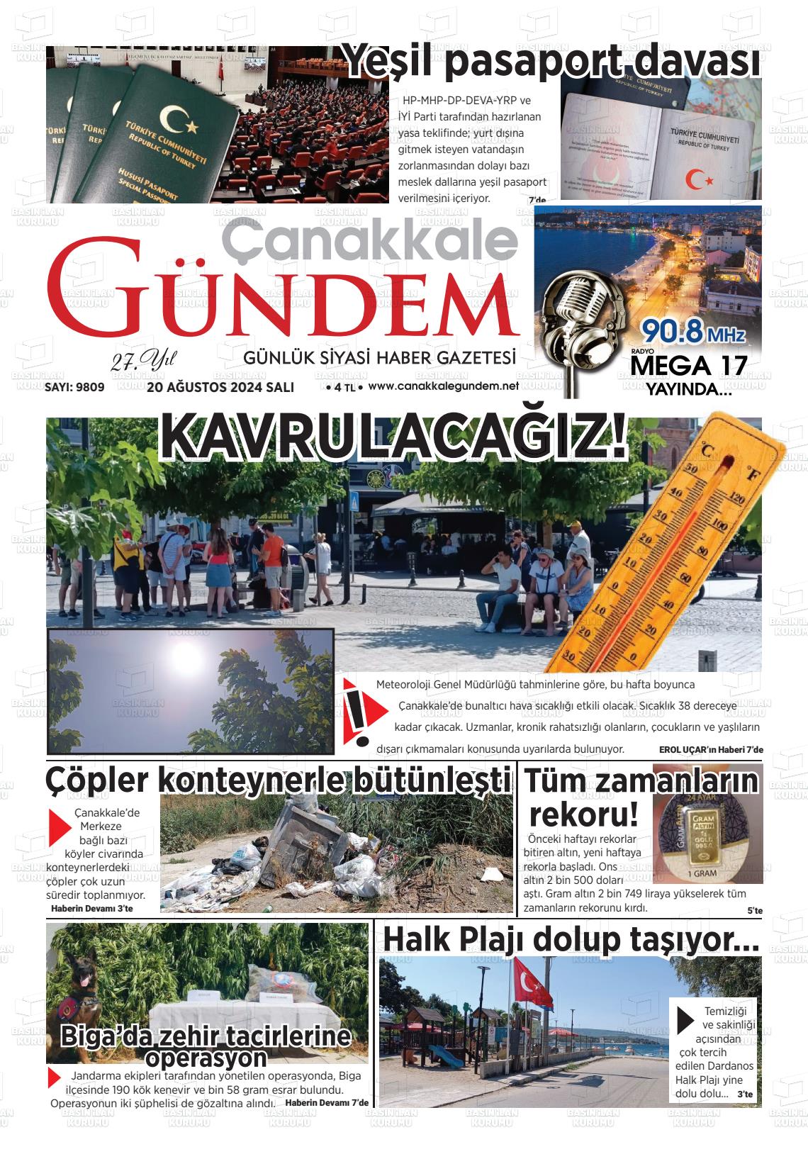 20 Ağustos 2024 Çanakkale Gündem Gazete Manşeti