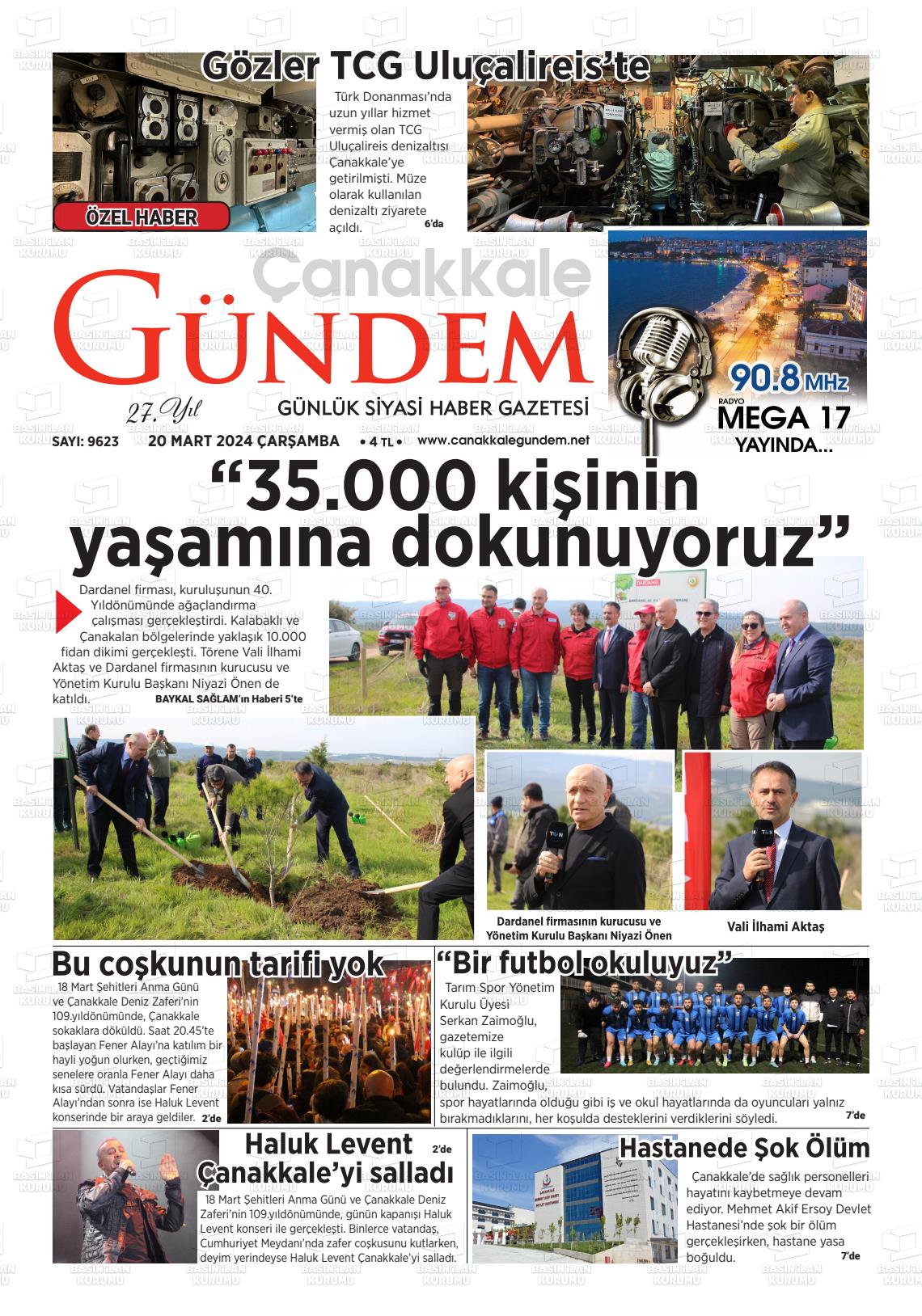 20 Mart 2024 Çanakkale Gündem Gazete Manşeti