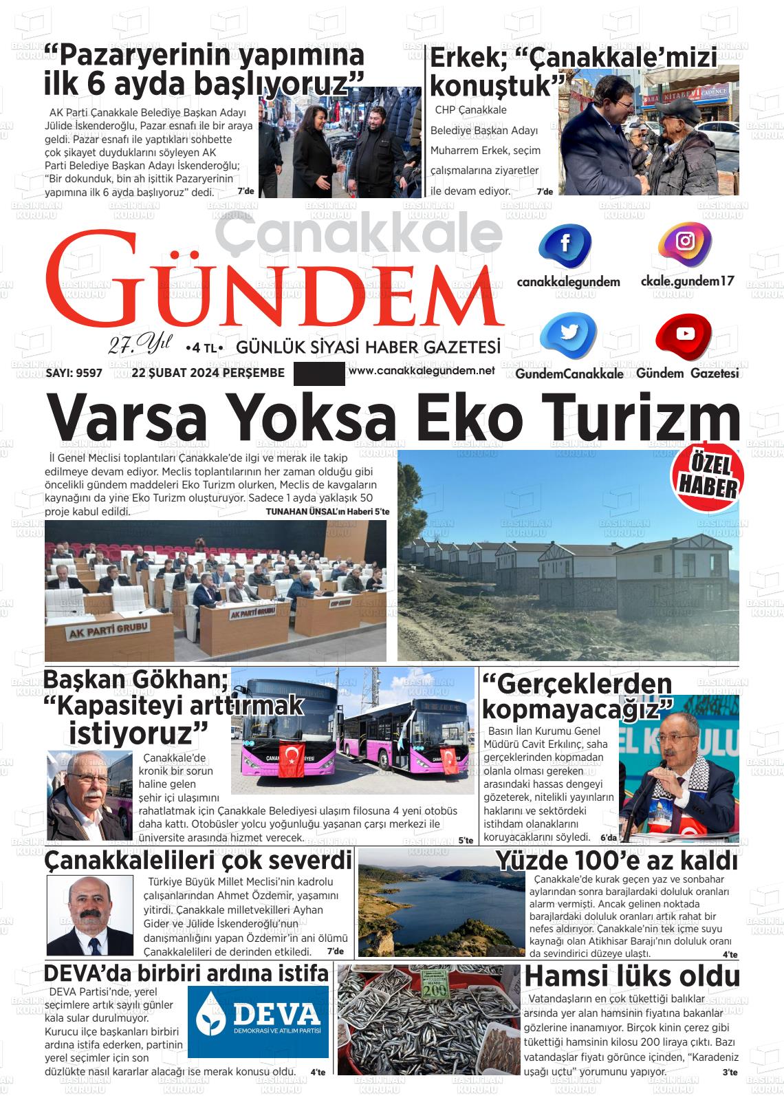 22 Şubat 2024 Çanakkale Gündem Gazete Manşeti