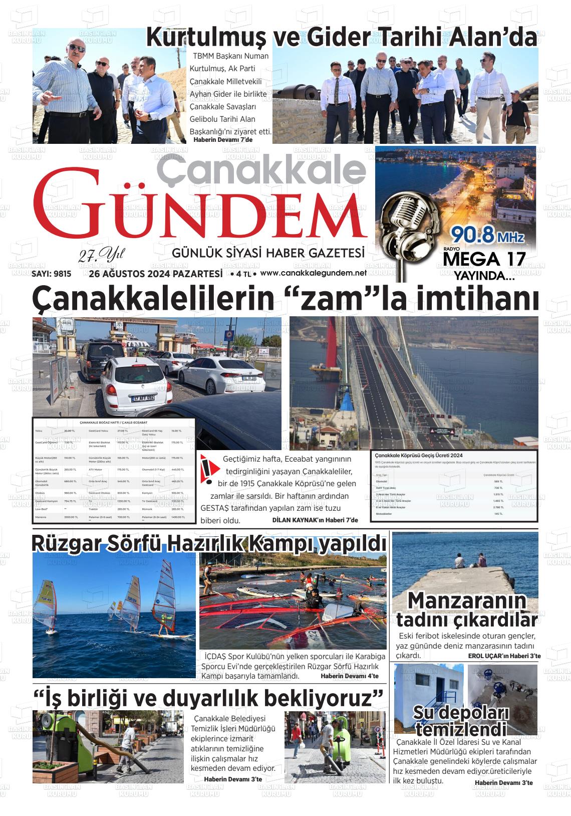 26 Ağustos 2024 Çanakkale Gündem Gazete Manşeti