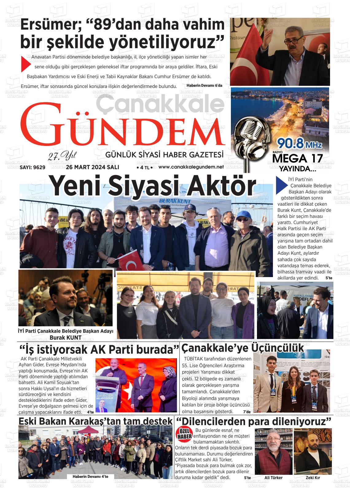 26 Mart 2024 Çanakkale Gündem Gazete Manşeti