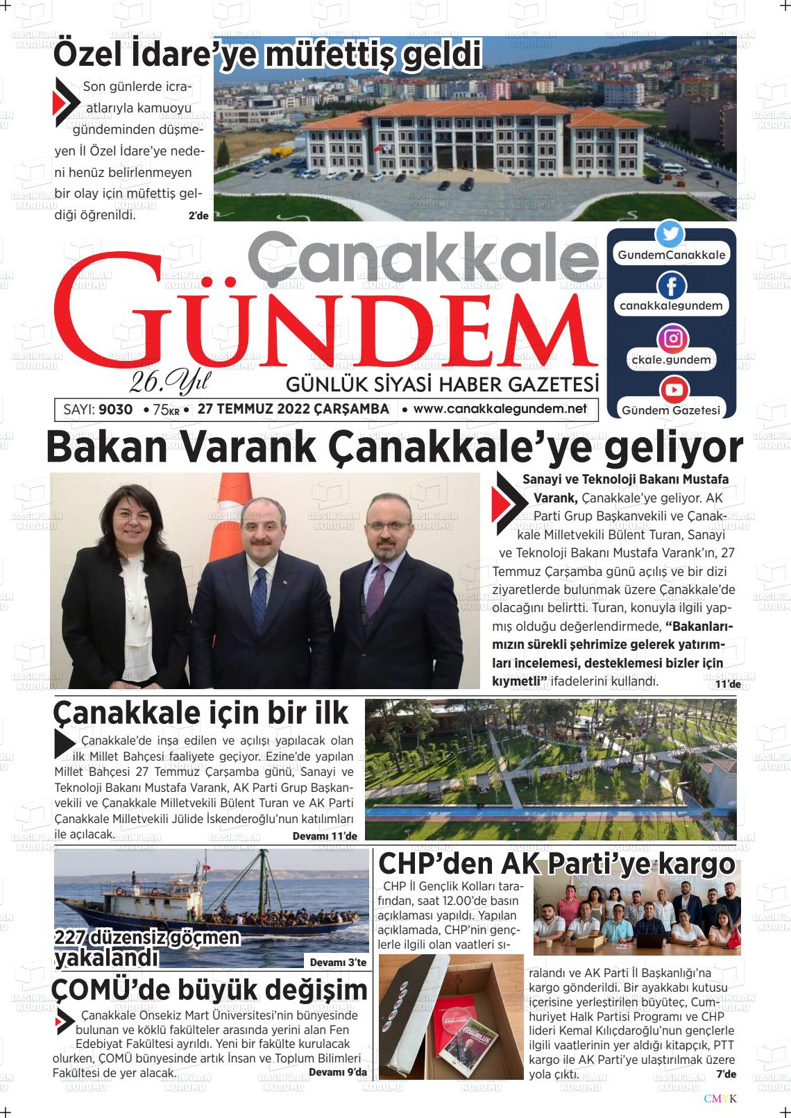 27 Temmuz 2022 Çanakkale Gündem Gazete Manşeti