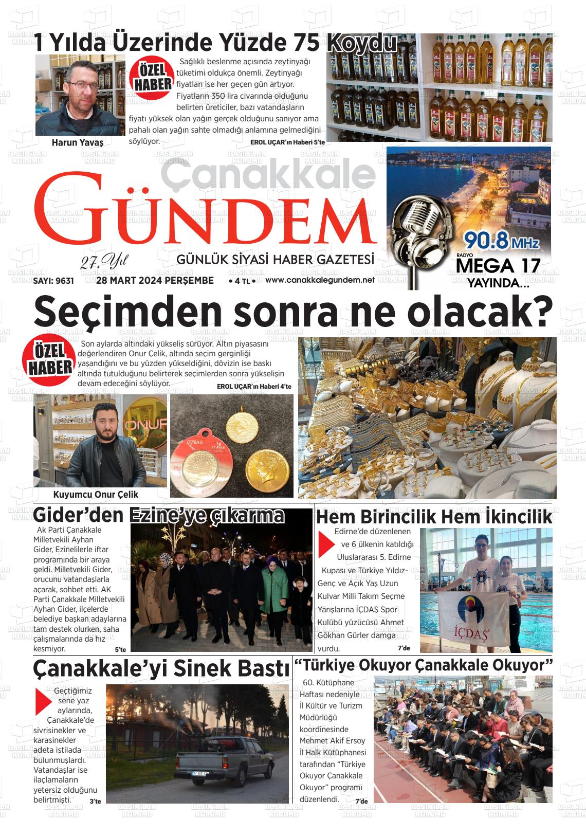 28 Mart 2024 Çanakkale Gündem Gazete Manşeti