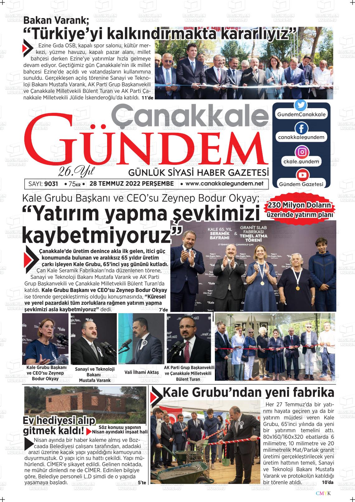 28 Temmuz 2022 Çanakkale Gündem Gazete Manşeti