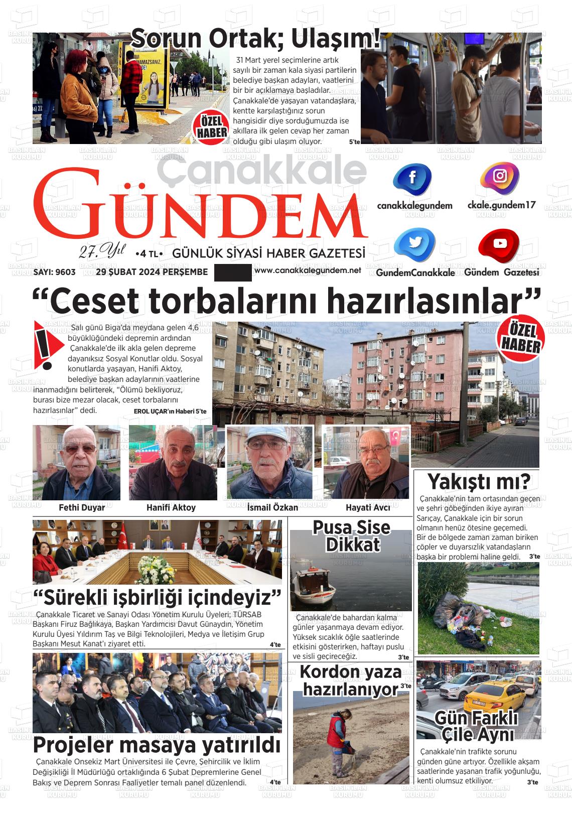 29 Şubat 2024 Çanakkale Gündem Gazete Manşeti