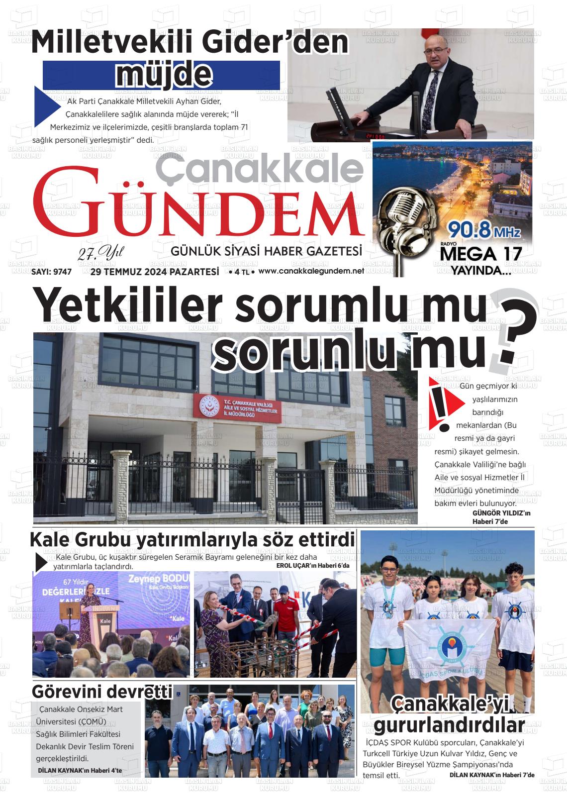 29 Temmuz 2024 Çanakkale Gündem Gazete Manşeti