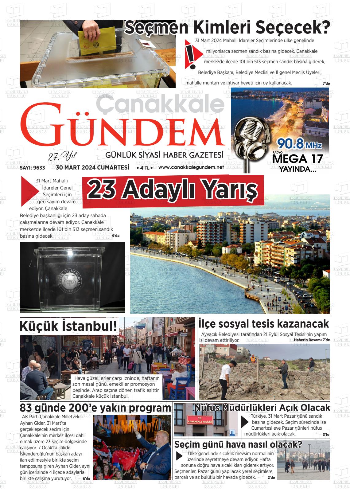 30 Mart 2024 Çanakkale Gündem Gazete Manşeti