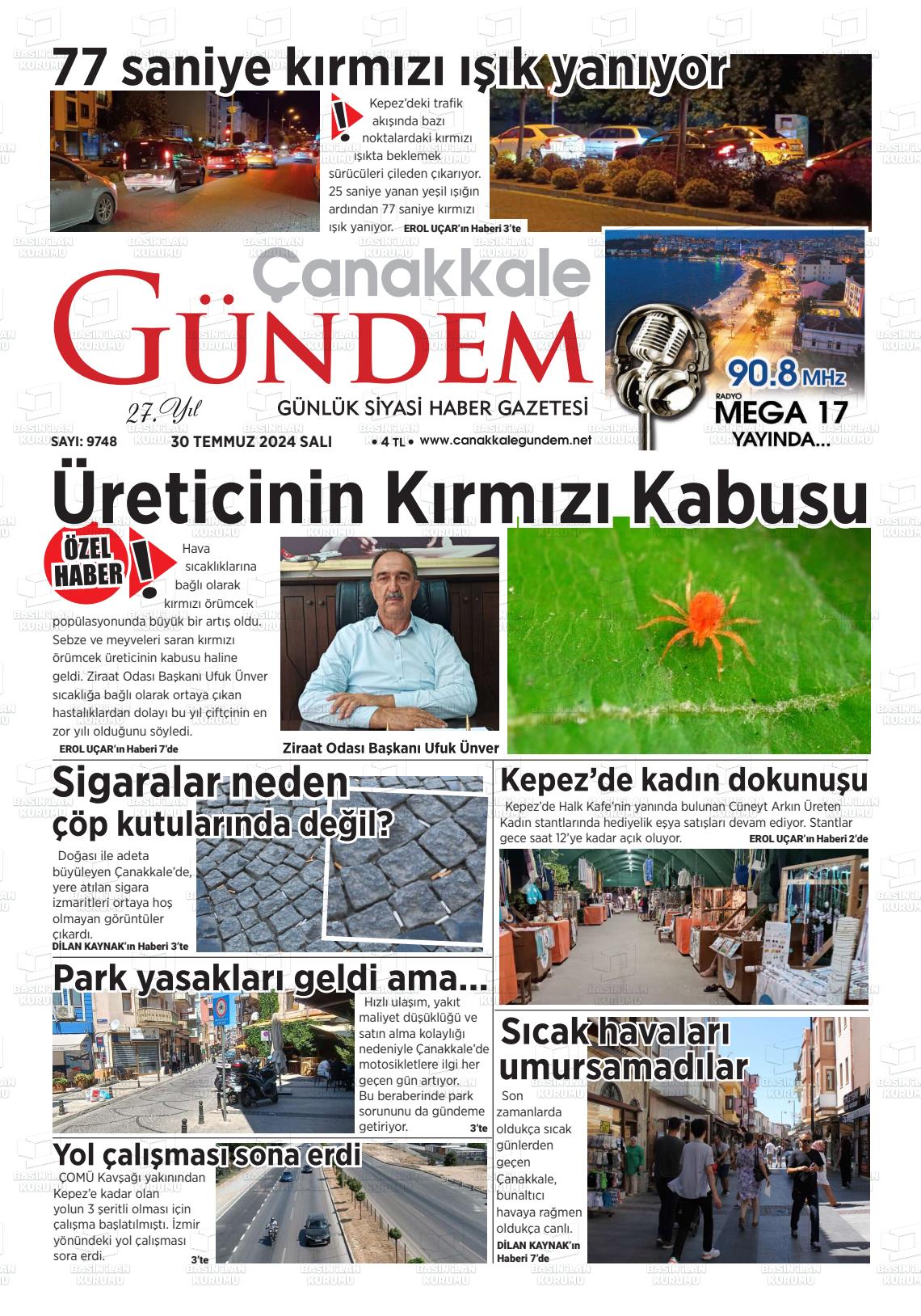 30 Temmuz 2024 Çanakkale Gündem Gazete Manşeti