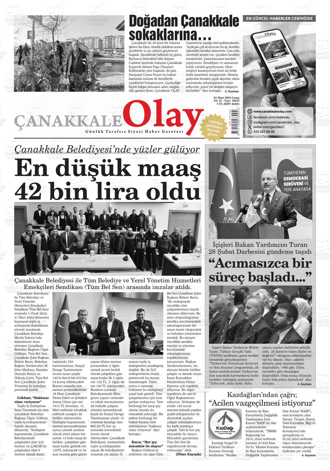 01 Mart 2024 Çanakkale Olay Gazete Manşeti